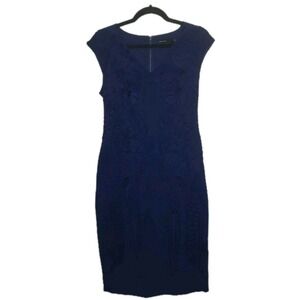 KAREN MILLEN Midnight Blue Sheath Cocktail Dress Women's Size 8 Ribbon Accent